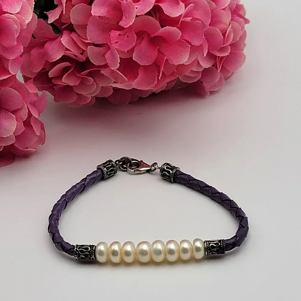Sterling Silver Cream Natural Pearl Braided Cord Bracelet 6.5